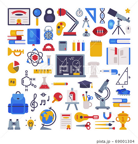 School Supplies Collection, Education, Learning, Office Accessories, Back to School Concept Flat Style Vector Illustration 69001304