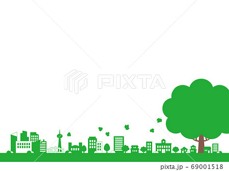 木と都市のエコロジーな背景イラスト 2c 文字なしのイラスト素材