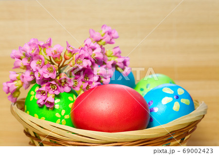 Colored  eggs in basket 69002423