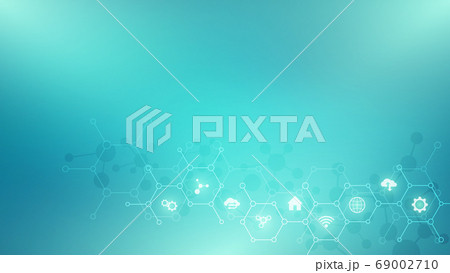 Technology background with flat icons and symbols. Concept and idea for internet of things, communication, network, innovation technology, system integration. 69002710