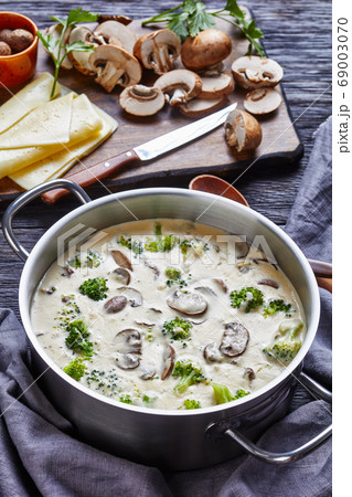 Mushroom Cheese Broccoli Soup in a pot 69003070
