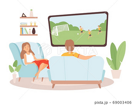 Couple Spend Time Together Woman Man Watch Tv のイラスト素材