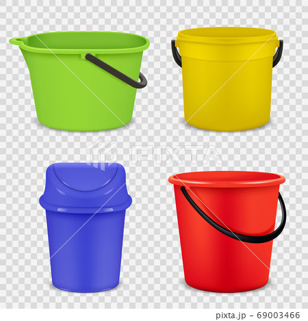 Realistic buckets. Metal and plastic material for water or garbage empty buckets vector 3d templates Realistic buckets. Metal and plastic material for water or garbage empty buckets vector 3d templates 69003466