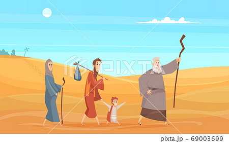 Journey of bible characters. Narrative historical background holy people going in dessert landscape from scenery god vector illustration 69003699