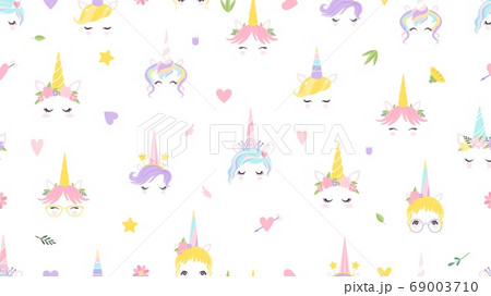 Unicorn faces pattern. Cute magic background. Fairy tale print for baby girl vector illustration Unicorn faces pattern. Cute magic background. Fairy tale print for baby girl vector illustration 69003710