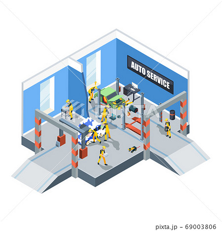 Car washing. Auto service repair and cleaning service mechanic workers in garage interior vector isometric cars and people Car washing. Auto service repair and cleaning service mechanic workers in garage interior vector isometric cars and people 69003806