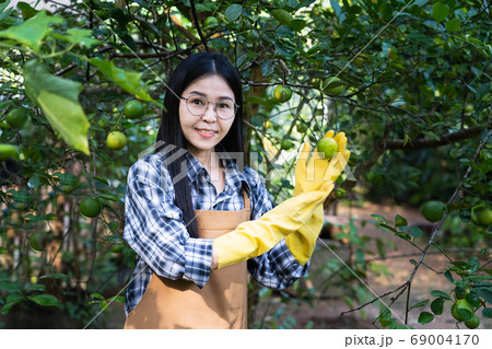 Selective focus,Beautiful young asian woman gardening in brown apron 69004170