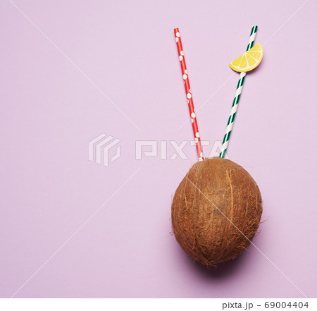 ripe whole round coconut on a purple background ripe whole round coconut on a purple background 69004404