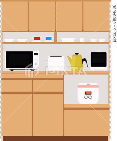 Illustration of wooden cupboard and home appliances interior kitchen tableware shelf vector 69004636