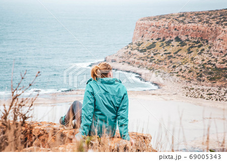 Woman On Viewpoint Above Balos Bay On Kreta 69005343