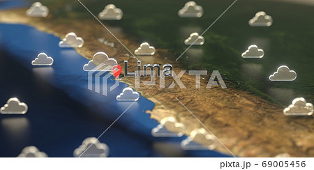 Cloudy weather icons near Lima city on the map, weather forecast related 3D rendering 69005456