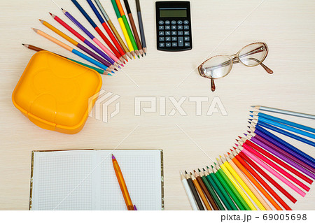 School supplies on wooden desk. Set of stationery, School supplies on wooden desk. Set of stationery, 69005698