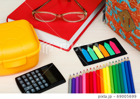 School supplies on wooden desk. Set of stationery 69005699