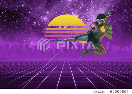 Synth wave and retro wave, vaporwave futuristic aesthetics. Sportsman in glowing neon style. 69006862