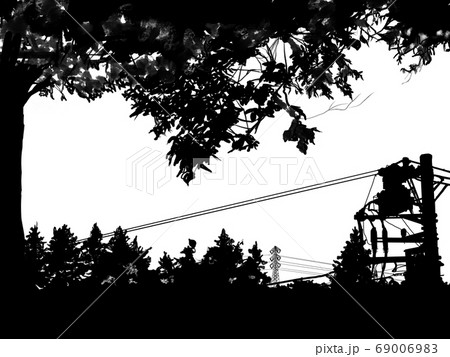 木々と松の木の田園風景のシルエットのイラスト素材
