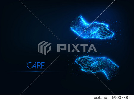 Futuristic protection, caring concept with glowing low polygonal embracing human hands 69007302