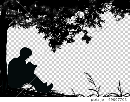 木々と稲穂の田園風景の中本を読む青年のシルエットのイラスト素材