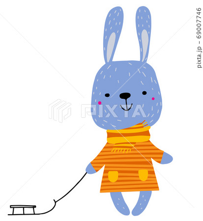 Cute winter animal. Character hare with a sled Cute winter animal. Character hare with a sled 69007746