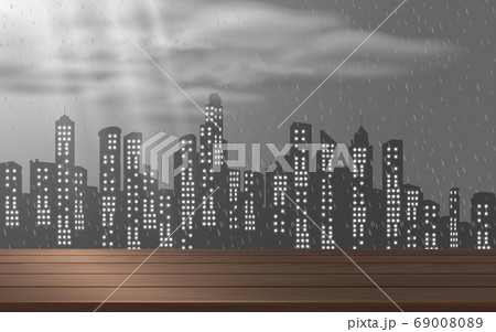 wooden table with landscape of city in the rain day  69008089