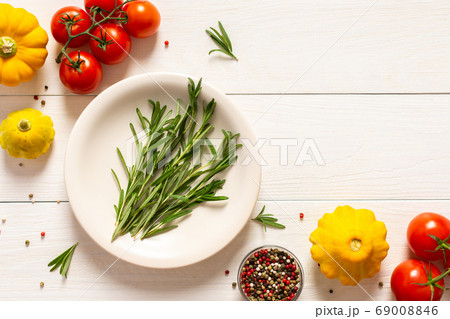Plate with rosemary and ingredients Plate with rosemary and ingredients 69008846