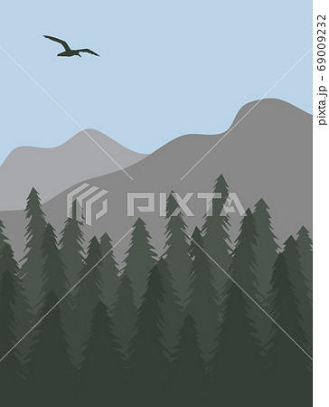 Vector bird on landscape with spruce and mountains Vector bird on landscape with spruce and mountains 69009232