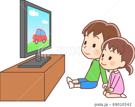 テレビを近距離で観る少年と少女のイラスト素材
