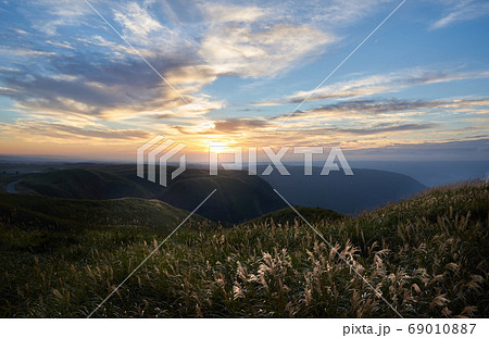 朝日に照らされたススキ。熊本県阿蘇市大観峰で撮影した秋の風景。 69010887