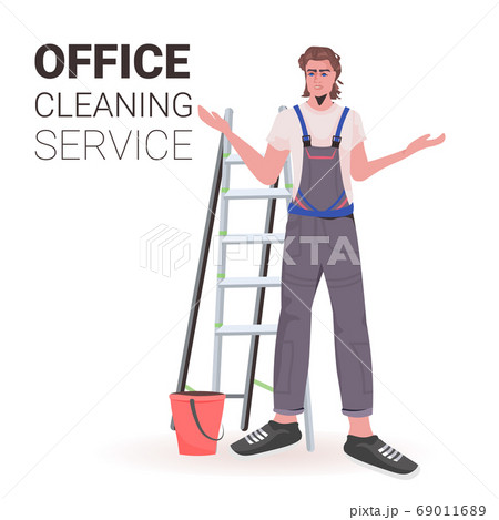 male professional office cleaner man janitor in uniform with cleaning equipment male professional office cleaner man janitor in uniform with cleaning equipment 69011689