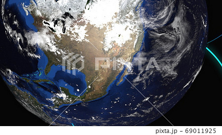 Computer generated Earth connection in outer space. Close-up of a spinning planet with neon connecting beams. 3d rendering of elements of this image are presented by NASA 69011925