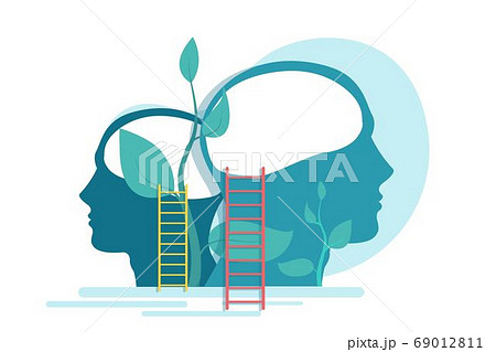 Ecology Illustration, Two Heads Sillhouettes With Plants Inside, White Background Ecology Illustration, Two Heads Sillhouettes With Plants Inside, White Background 69012811