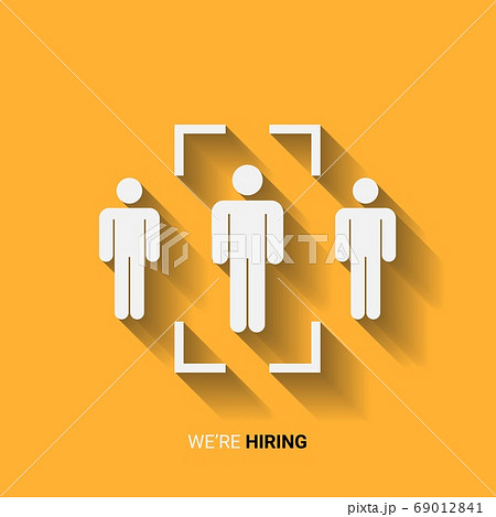HR Concept. Framed Human Icons And We're Hiring Lettering Over Yellow Background 69012841
