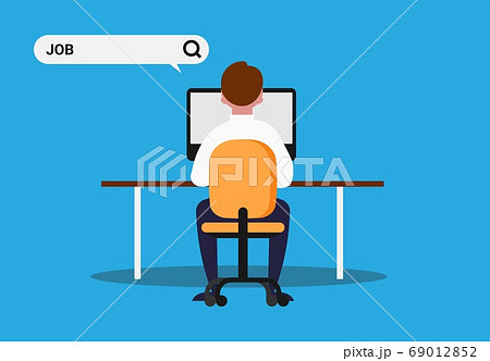 Man At Computer Seeking Employment Using Online Service, Blue Background Man At Computer Seeking Employment Using Online Service, Blue Background 69012852