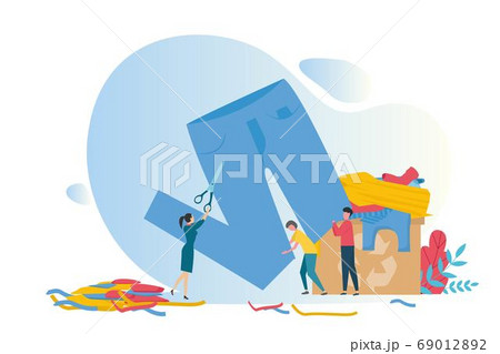 Secondary use of waste. People upcycling old jeans over white background, flat vector illustration Secondary use of waste. People upcycling old jeans over white background, flat vector illustration 69012892