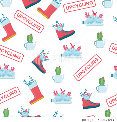 Upcycling. Vector seamless pattern with plastic bottles, shoes and teapots used as flower pots on white background 69012893