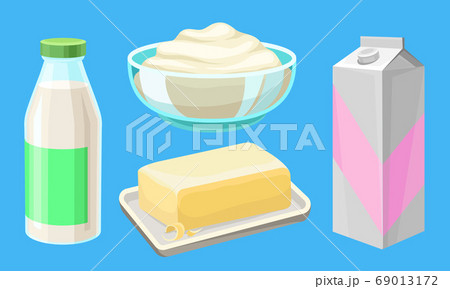 Carton of Milk and Sour Cream in Bowl as Dairy Product Vector Illustration Set 69013172