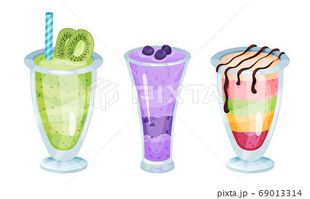 Desserts Served in Glass with Fruits Vector Set 69013314
