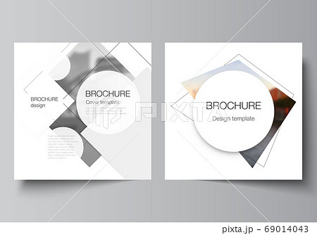 Vector layout of two square format covers design templates with geometric simple shapes, lines and photo place for brochure, flyer, magazine, cover design, book, brochure cover. 69014043