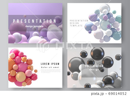 Vector layout of presentation slides design templates, multipurpose template for presentation brochure, business report. Abstract futuristic background with colorful 3d spheres, glossy bubbles, balls. Vector layout of presentation slides design templates, multipurpose template for presentation brochure, business report. Abstract futuristic background with colorful 3d spheres, glossy bubbles, balls. 69014052