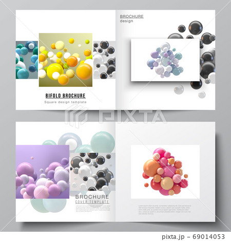 Vector layout of two covers templates for square bifold brochure, flyer, magazine, cover design, book design. Abstract vector futuristic background with colorful 3d spheres, glossy bubbles, balls. 69014053