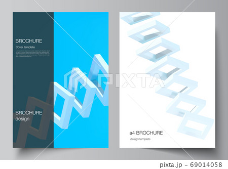 Vector layout of A4 cover mockups templates for brochure, flyer layout, booklet, cover design, book design. 3d render vector composition with dynamic realistic geometric blue shapes in motion. 69014058