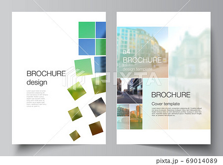 Vector layout of A4 cover mockups design templates for brochure, flyer layout, booklet, cover design, book design, brochure cover. Abstract project with clipping mask green squares for your photo. 69014089