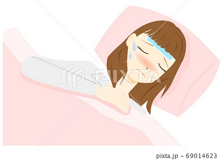 体調不良 熱 寝る 女性のイラスト素材