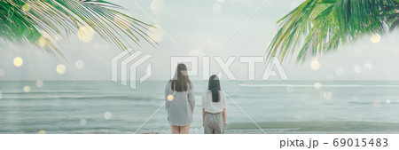 web banner abstract blur woman and friend stand and see to the sea  69015483