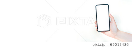 web banner contactless concept from woman hand hold and smart phone 69015486