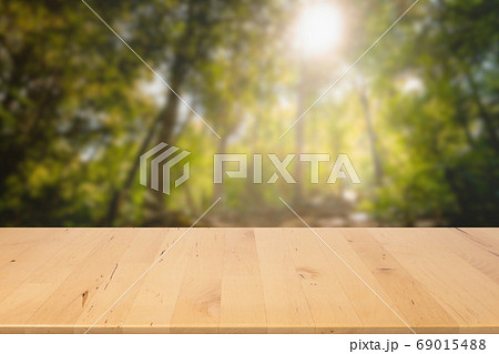 wood countertop with forest and mountain in spring 69015488