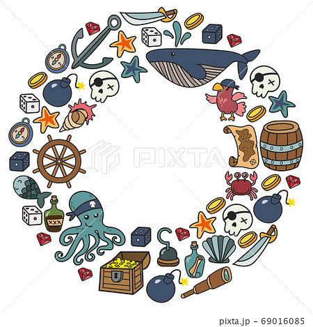 Children pirate party. Symbols of piracy - hat, swords, guns, treasure chest, ship, black flag, jolly roger emblem, skull and crossbones, compass. 69016085