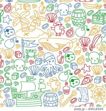 Children pirate party. Symbols of piracy - hat, swords, guns, treasure chest, ship, black flag, jolly roger emblem, skull and crossbones, compass. 69016094