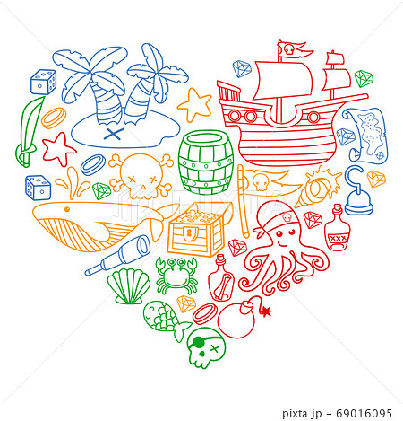 Children pirate party. Symbols of piracy - hat, swords, guns, treasure chest, ship, black flag, jolly roger emblem, skull and crossbones, compass. 69016095