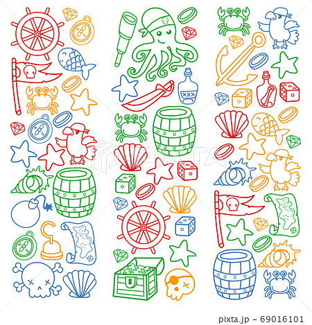 Children pirate party. Symbols of piracy - hat, swords, guns, treasure chest, ship, black flag, jolly roger emblem, skull and crossbones, compass. 69016101