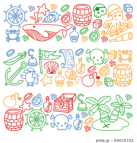 Children pirate party. Symbols of piracy - hat, swords, guns, treasure chest, ship, black flag, jolly roger emblem, skull and crossbones, compass. 69016102